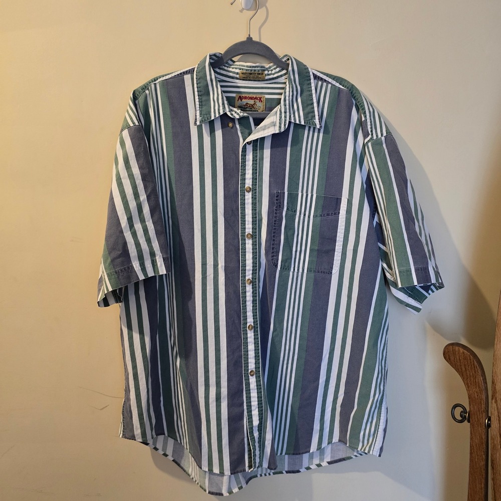 Adirondack Savile Row Mens XXL Green Blue Striped Cotton Short Sleeve Button Up